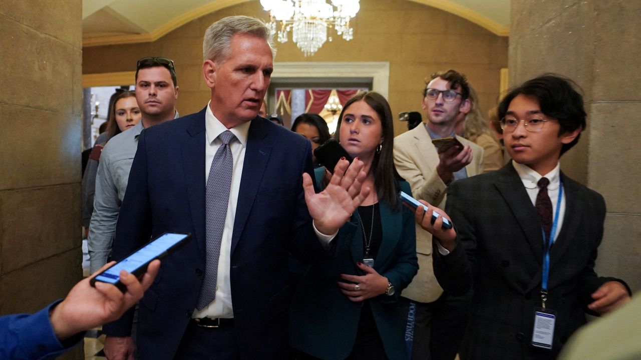 Former Speaker of the House Kevin McCarthy speaks to reporters at the Capitol in Washington, DC, October 9, 2023.